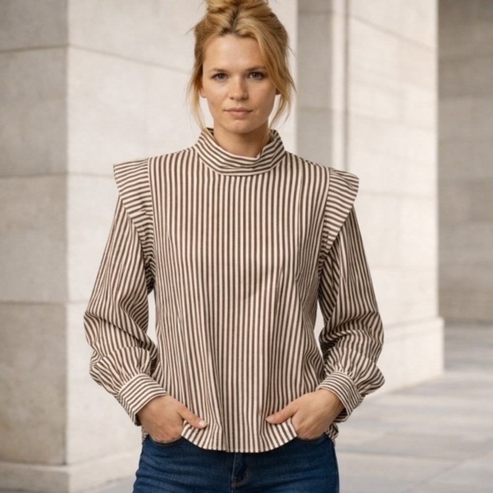 Everlane Brown White Striped Wing Shoulder Bishop Sleeve Blouse NWOT 8 #2550-1